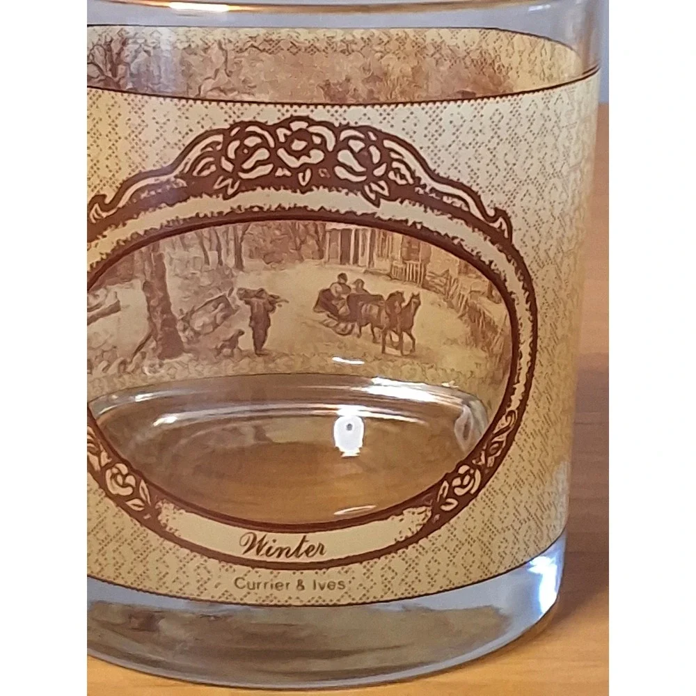 Vintage Currier & Ives Four Seasons Whiskey Rocks Glasses Set of 4 Brown Cream